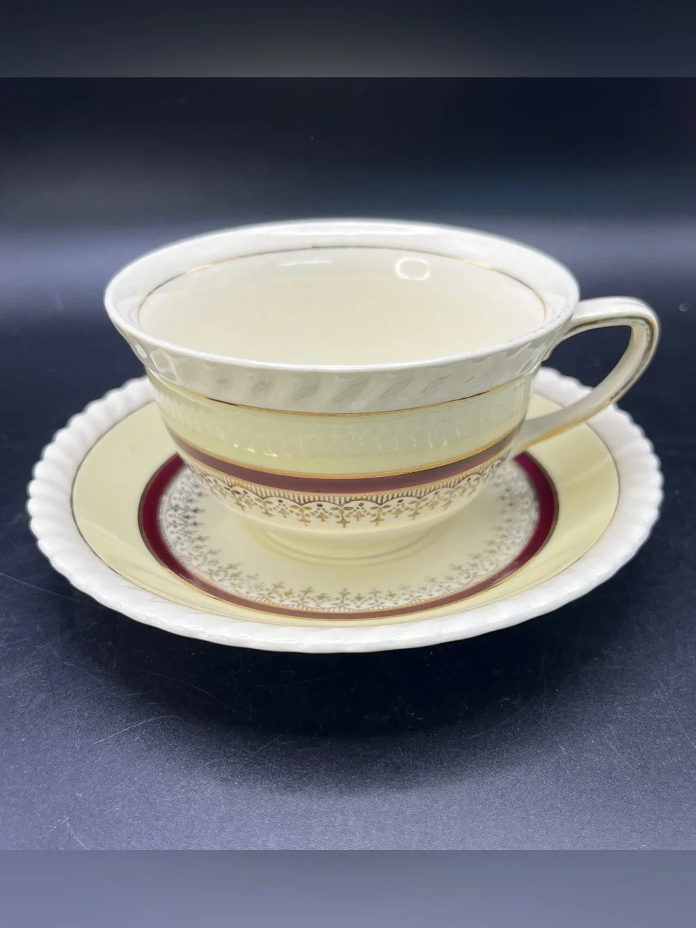 Vintage Johnson Brothers Old English Guildford Maroon Teacup Saucer Set England